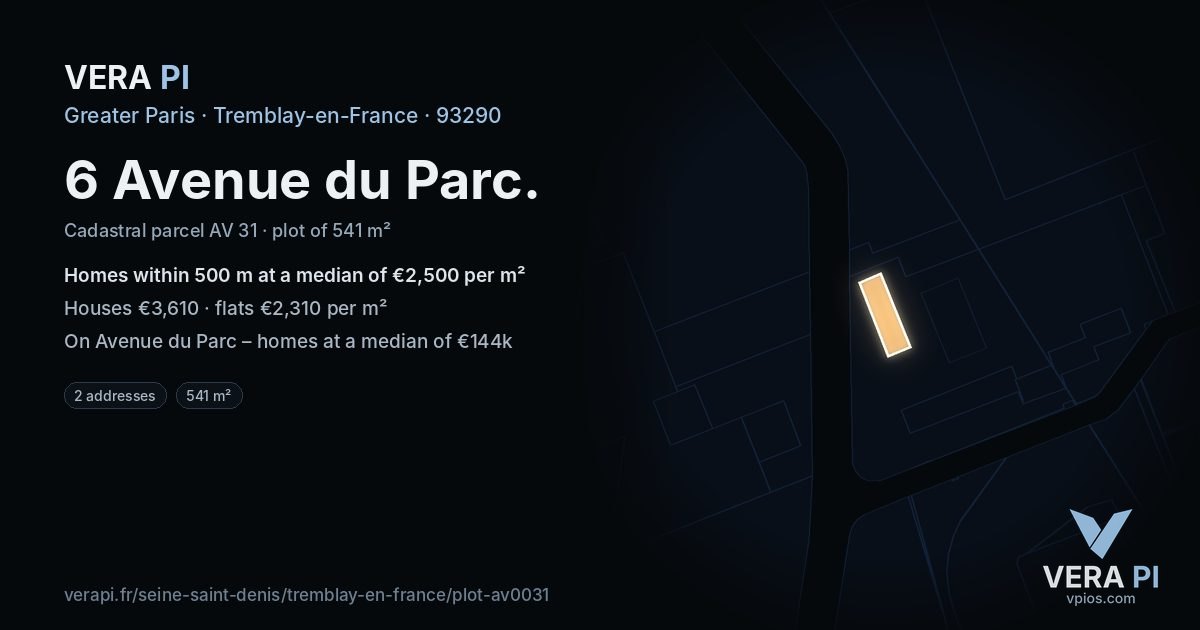 6 Avenue du Parc, Tremblay-en-France at night – the plot lit, the parcels around coloured by the prices near them