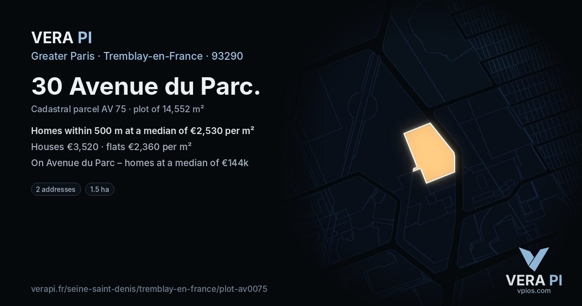 30 Avenue du Parc, Tremblay-en-France at night – the plot lit, the parcels around coloured by the prices near them