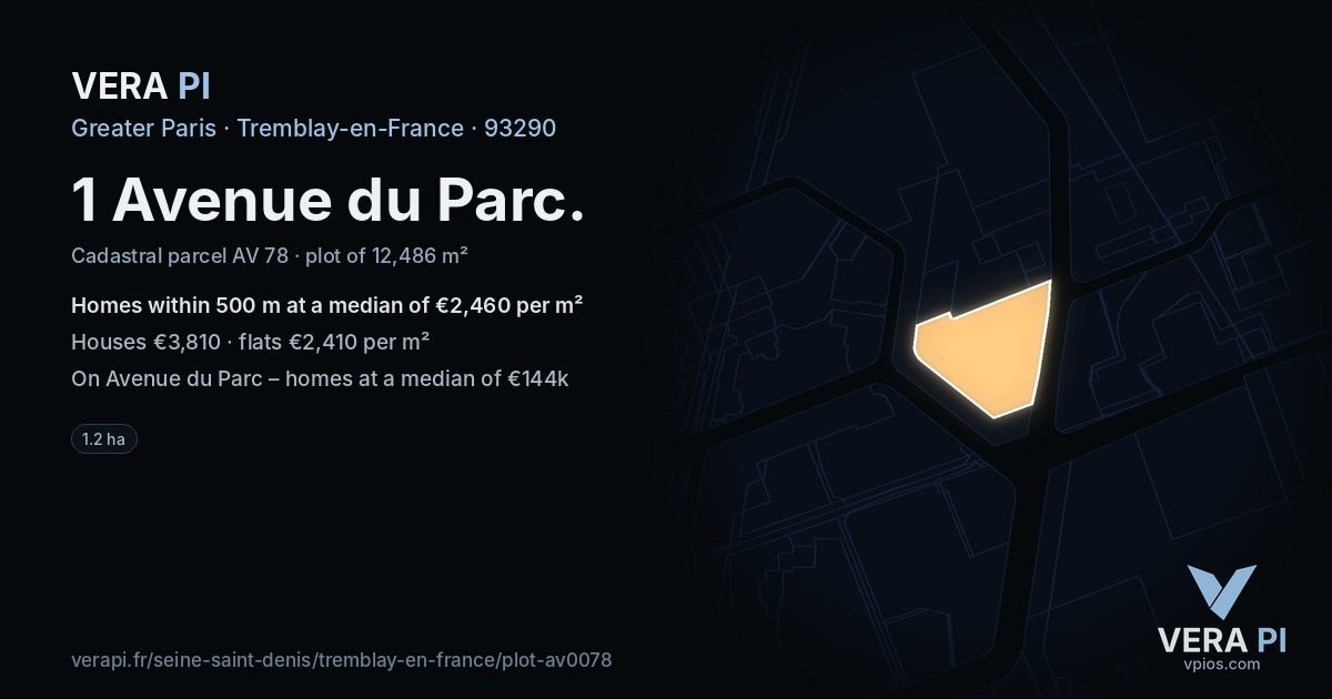 1 Avenue du Parc, Tremblay-en-France at night – the plot lit, the parcels around coloured by the prices near them