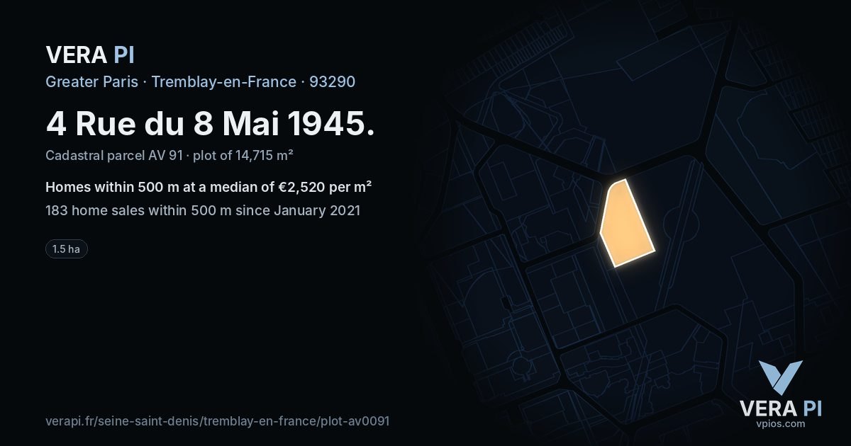4 Rue du 8 Mai 1945, Tremblay-en-France at night – the plot lit, the parcels around coloured by the prices near them