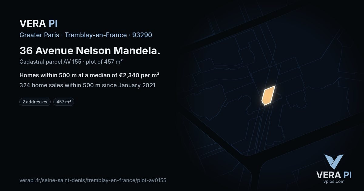 36 Avenue Nelson Mandela, Tremblay-en-France at night – the plot lit, the parcels around coloured by the prices near them
