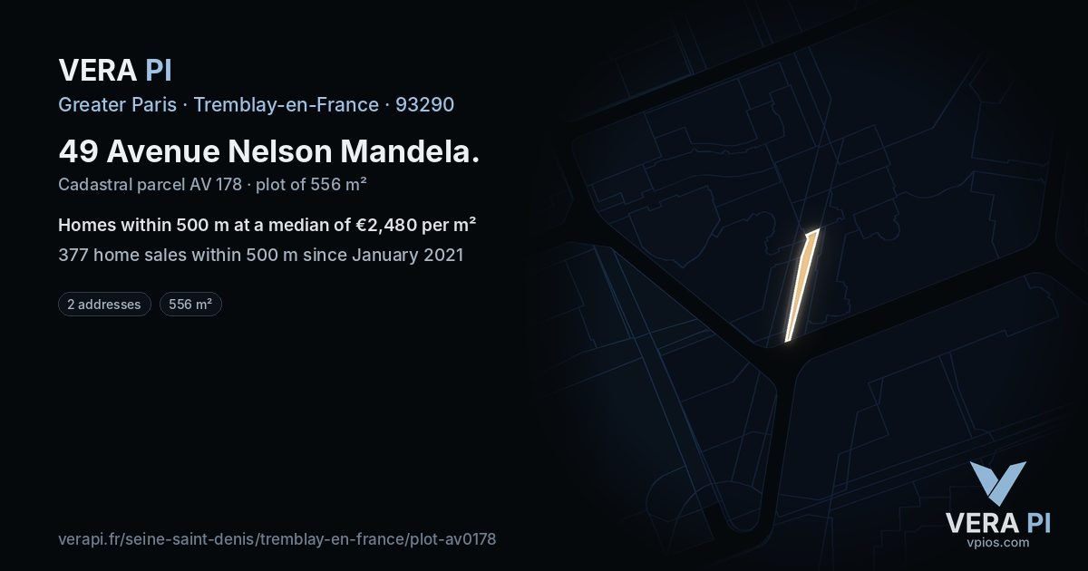49 Avenue Nelson Mandela, Tremblay-en-France at night – the plot lit, the parcels around coloured by the prices near them
