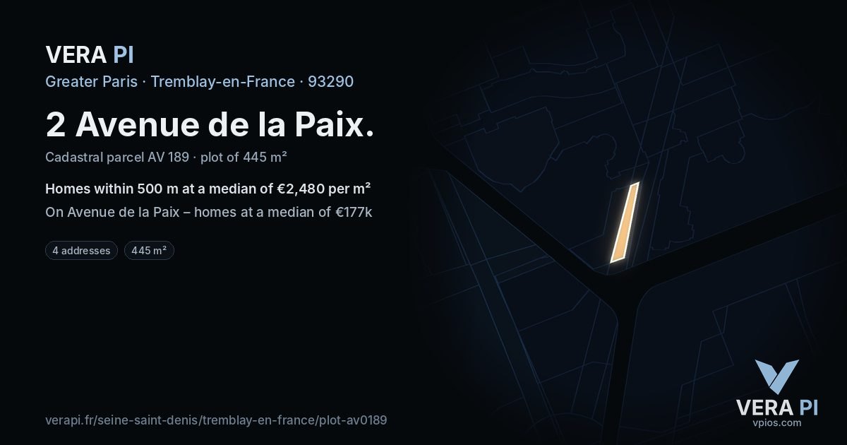 2 Avenue de la Paix, Tremblay-en-France at night – the plot lit, the parcels around coloured by the prices near them