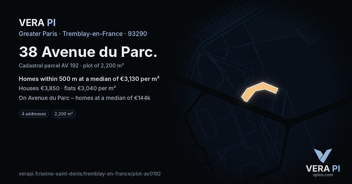 38 Avenue du Parc, Tremblay-en-France at night – the plot lit, the parcels around coloured by the prices near them