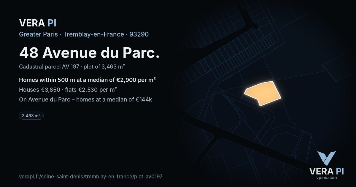 48 Avenue du Parc, Tremblay-en-France at night – the plot lit, the parcels around coloured by the prices near them