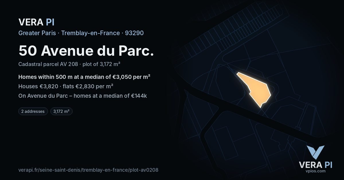 50 Avenue du Parc, Tremblay-en-France at night – the plot lit, the parcels around coloured by the prices near them