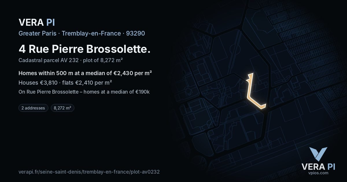 4 Rue Pierre Brossolette, Tremblay-en-France at night – the plot lit, the parcels around coloured by the prices near them