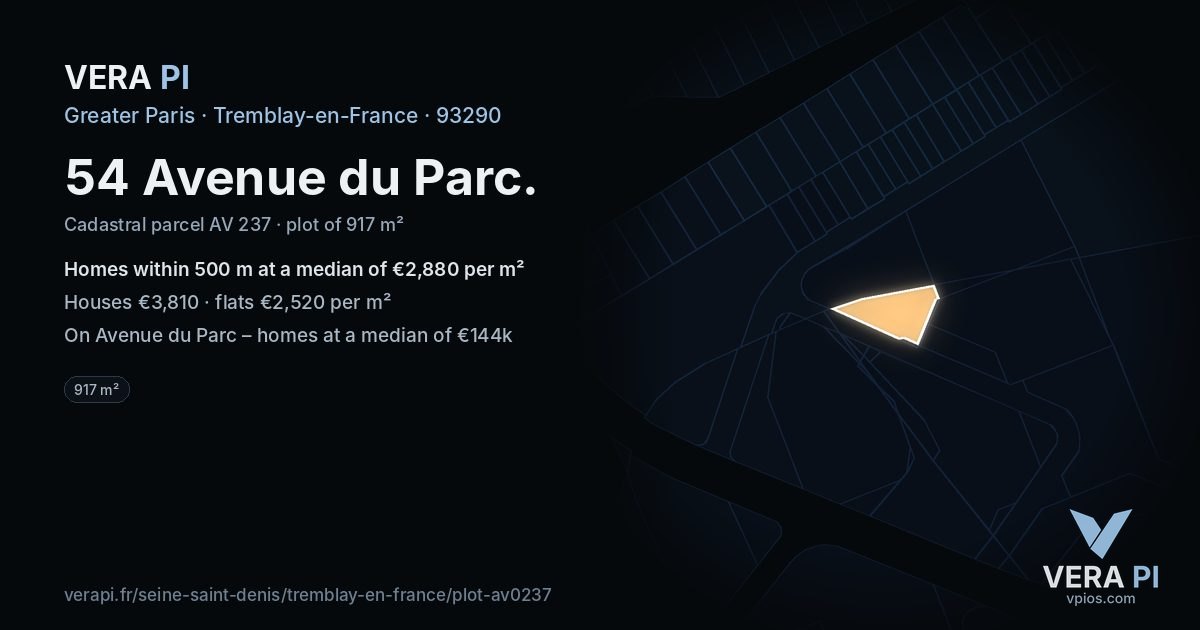 54 Avenue du Parc, Tremblay-en-France at night – the plot lit, the parcels around coloured by the prices near them