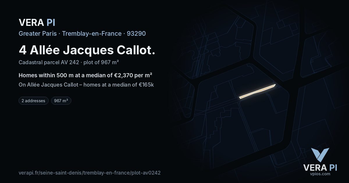 4 Allée Jacques Callot, Tremblay-en-France at night – the plot lit, the parcels around coloured by the prices near them
