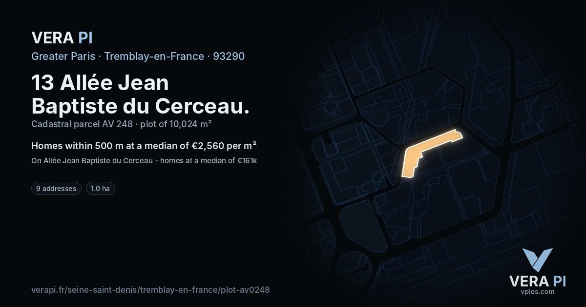 13 Allée Jean Baptiste du Cerceau, Tremblay-en-France at night – the plot lit, the parcels around coloured by the prices near them
