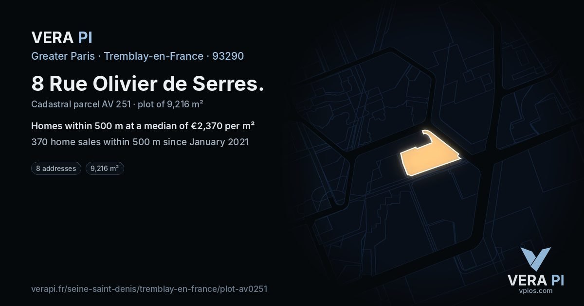 8 Rue Olivier de Serres, Tremblay-en-France at night – the plot lit, the parcels around coloured by the prices near them