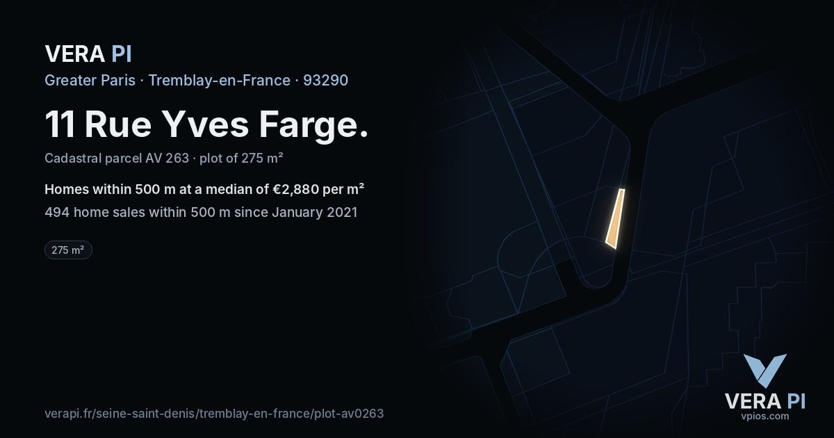 11 Rue Yves Farge, Tremblay-en-France at night – the plot lit, the parcels around coloured by the prices near them