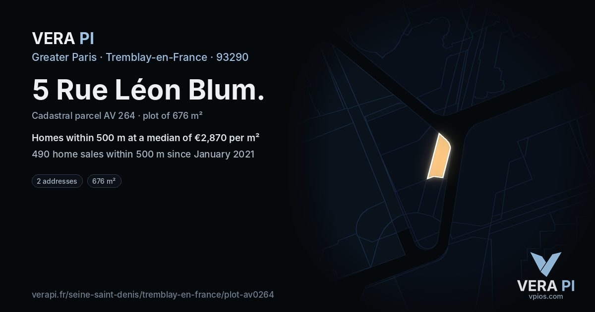 5 Rue Léon Blum, Tremblay-en-France at night – the plot lit, the parcels around coloured by the prices near them