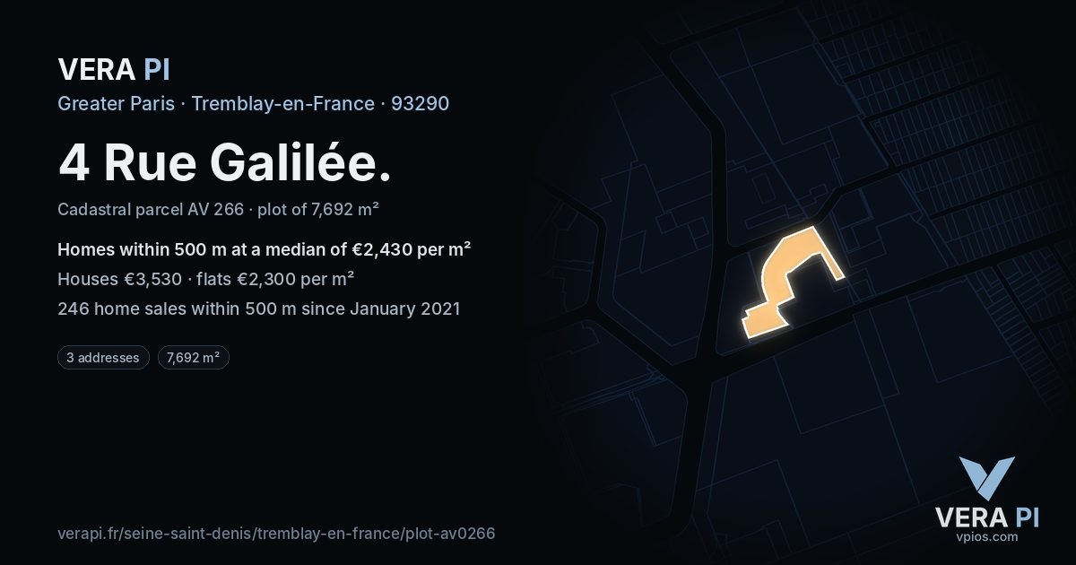 4 Rue Galilée, Tremblay-en-France at night – the plot lit, the parcels around coloured by the prices near them