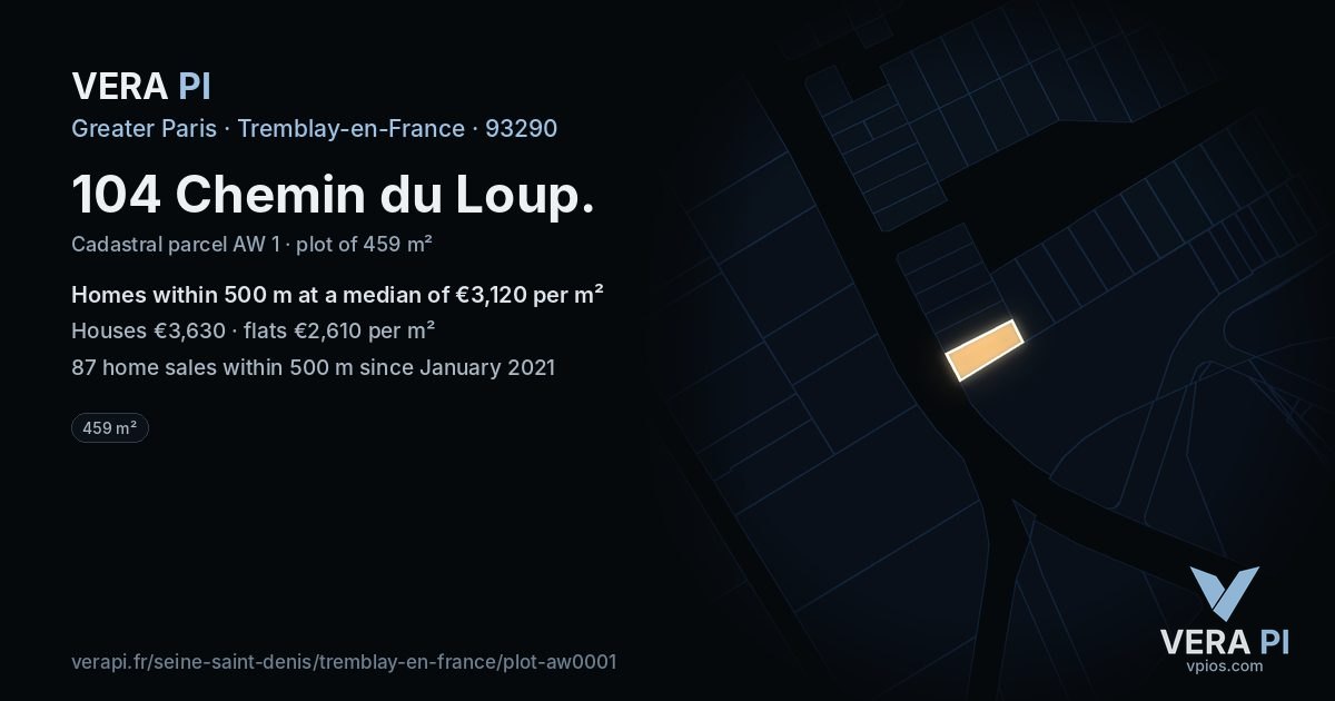 104 Chemin du Loup, Tremblay-en-France at night – the plot lit, the parcels around coloured by the prices near them