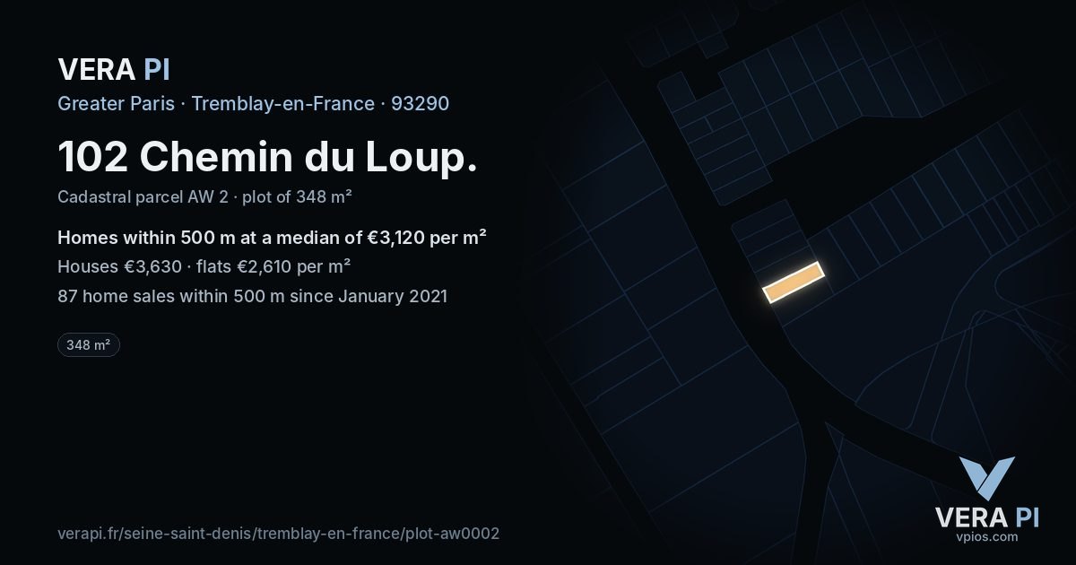 102 Chemin du Loup, Tremblay-en-France at night – the plot lit, the parcels around coloured by the prices near them