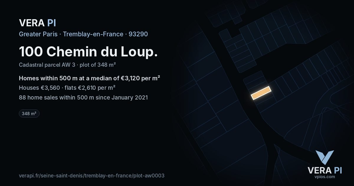 100 Chemin du Loup, Tremblay-en-France at night – the plot lit, the parcels around coloured by the prices near them