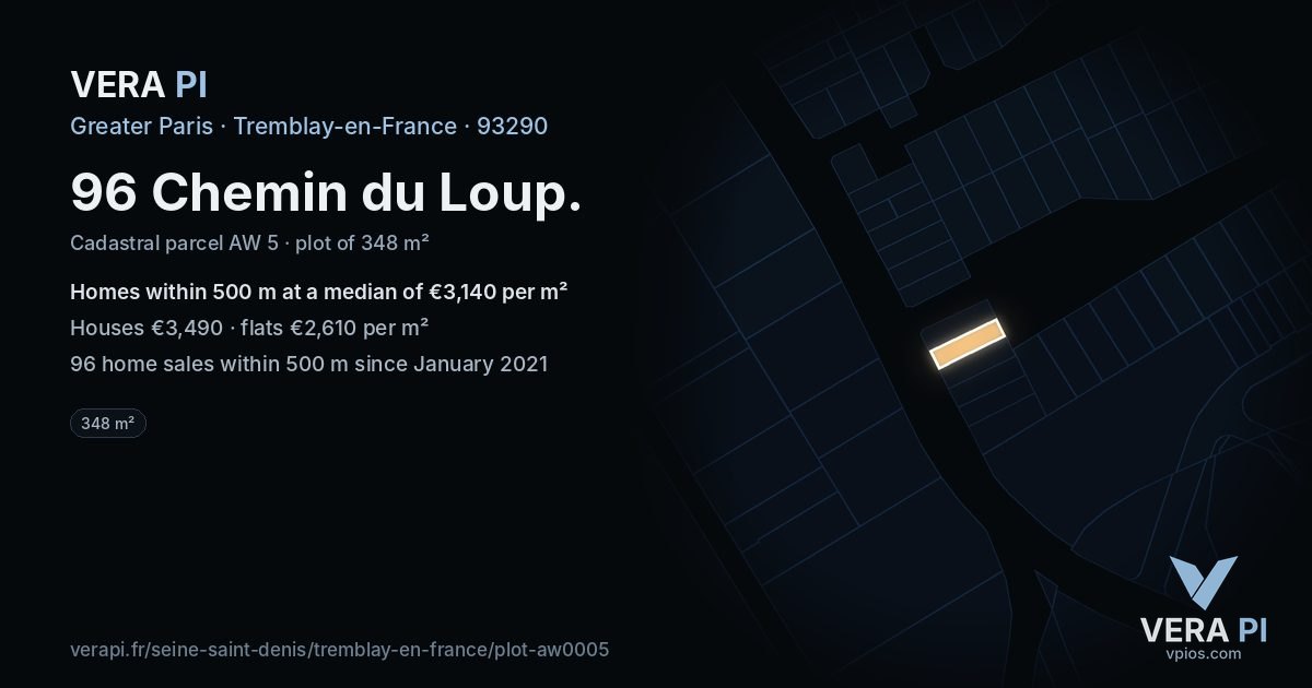 96 Chemin du Loup, Tremblay-en-France at night – the plot lit, the parcels around coloured by the prices near them