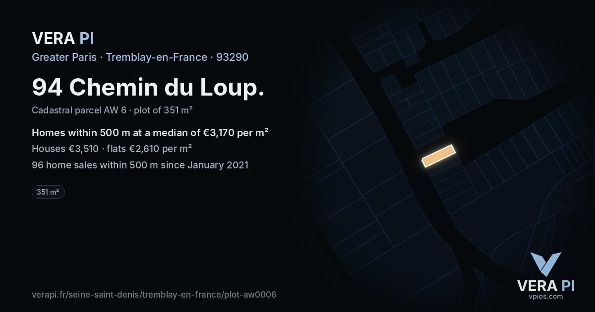 94 Chemin du Loup, Tremblay-en-France at night – the plot lit, the parcels around coloured by the prices near them