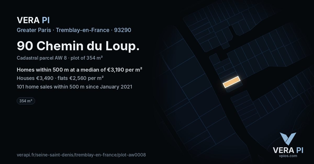 90 Chemin du Loup, Tremblay-en-France at night – the plot lit, the parcels around coloured by the prices near them