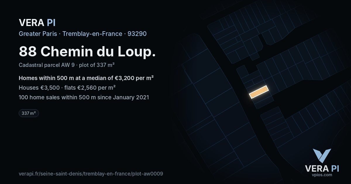 88 Chemin du Loup, Tremblay-en-France at night – the plot lit, the parcels around coloured by the prices near them