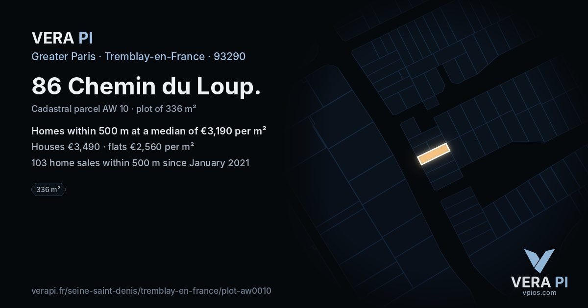 86 Chemin du Loup, Tremblay-en-France at night – the plot lit, the parcels around coloured by the prices near them