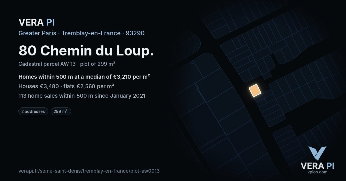 80 Chemin du Loup, Tremblay-en-France at night – the plot lit, the parcels around coloured by the prices near them