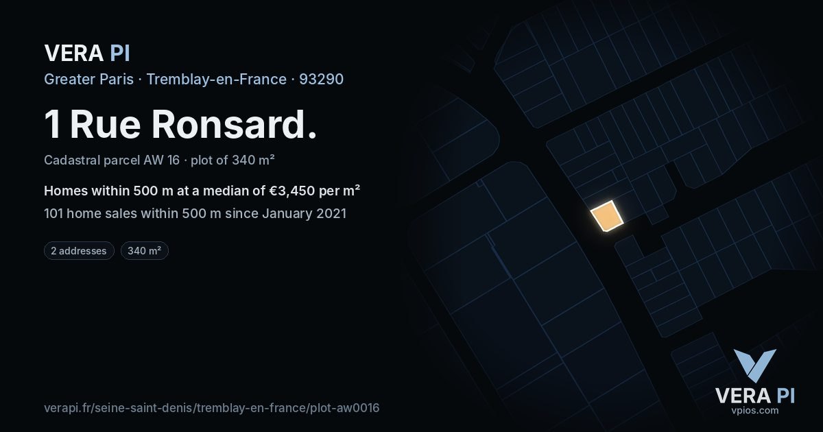 1 Rue Ronsard, Tremblay-en-France at night – the plot lit, the parcels around coloured by the prices near them