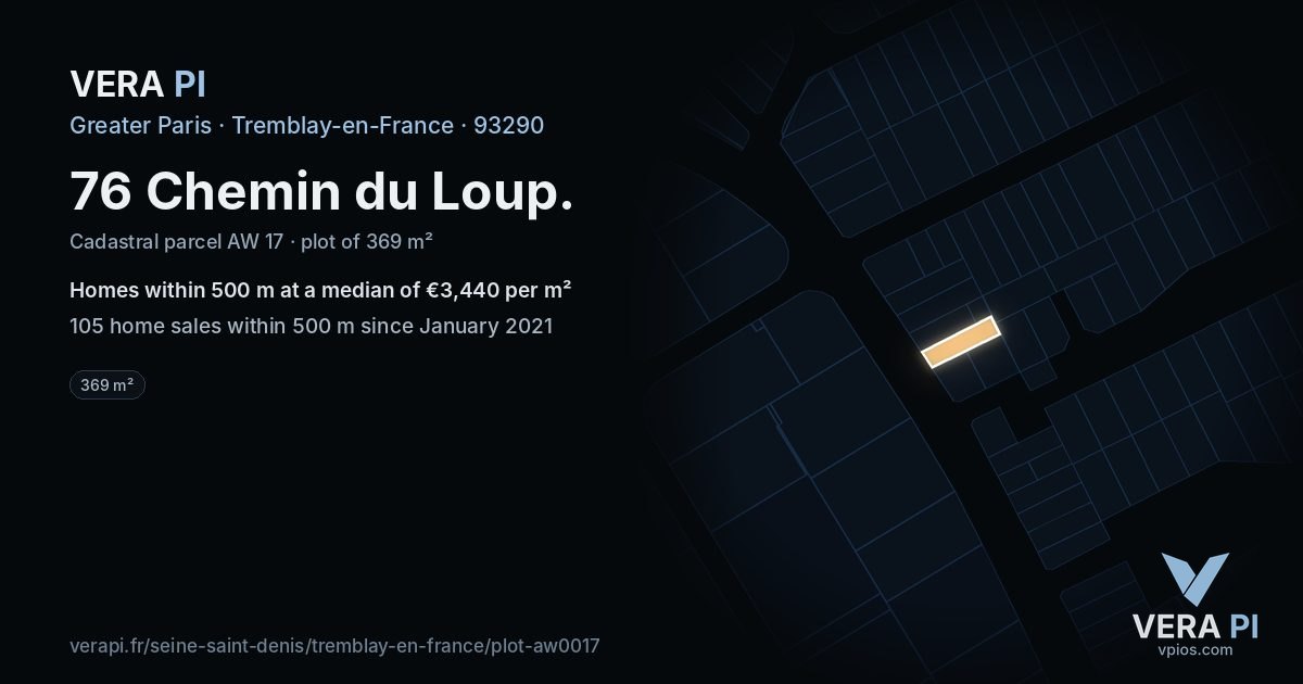 76 Chemin du Loup, Tremblay-en-France at night – the plot lit, the parcels around coloured by the prices near them