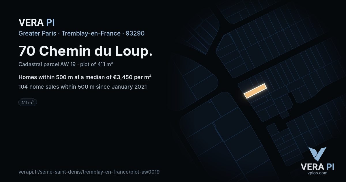 70 Chemin du Loup, Tremblay-en-France at night – the plot lit, the parcels around coloured by the prices near them