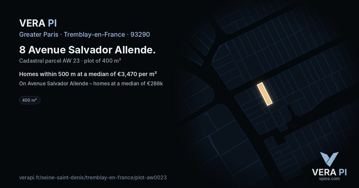8 Avenue Salvador Allende, Tremblay-en-France at night – the plot lit, the parcels around coloured by the prices near them