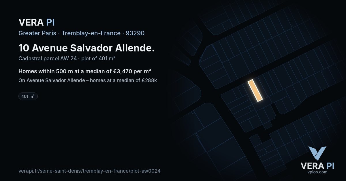 10 Avenue Salvador Allende, Tremblay-en-France at night – the plot lit, the parcels around coloured by the prices near them