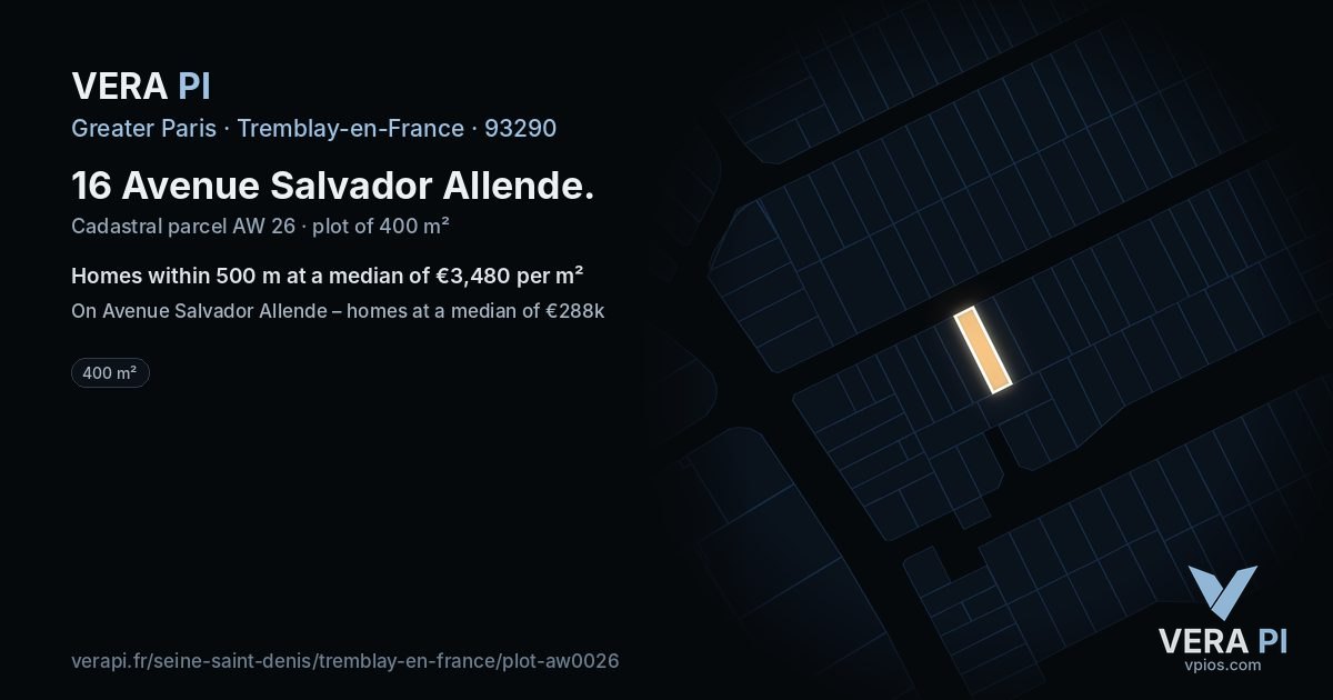16 Avenue Salvador Allende, Tremblay-en-France at night – the plot lit, the parcels around coloured by the prices near them
