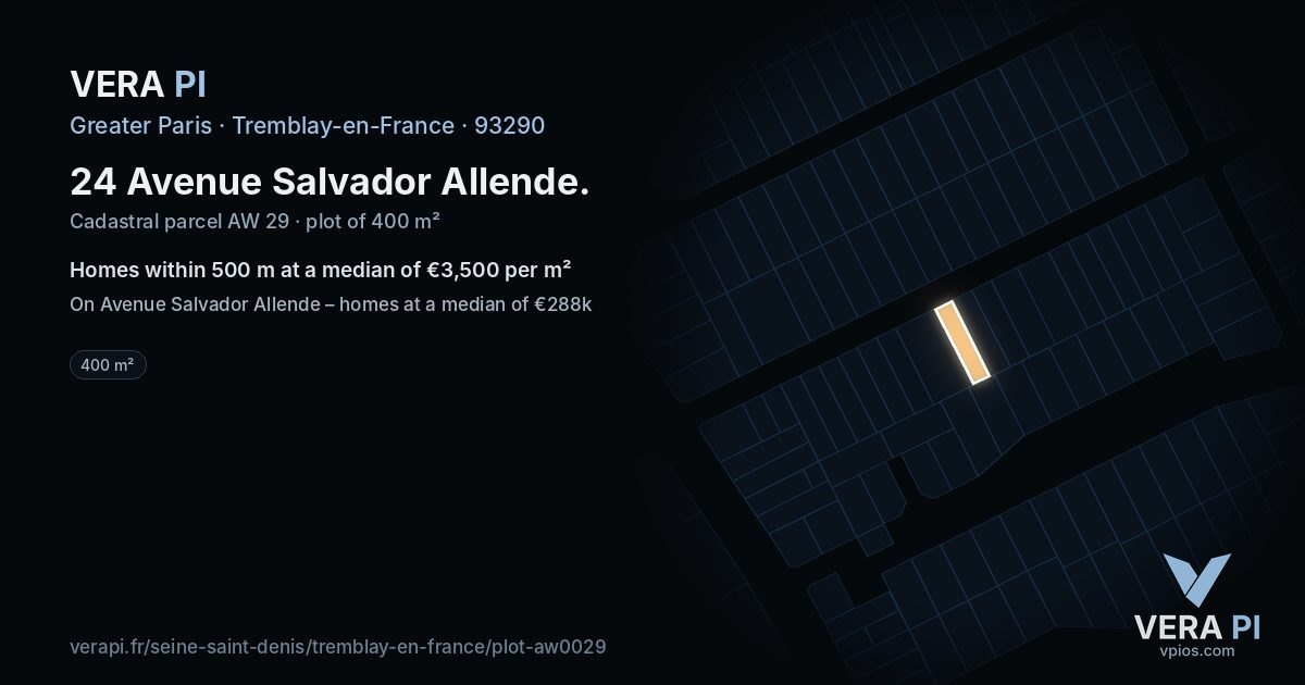 24 Avenue Salvador Allende, Tremblay-en-France at night – the plot lit, the parcels around coloured by the prices near them