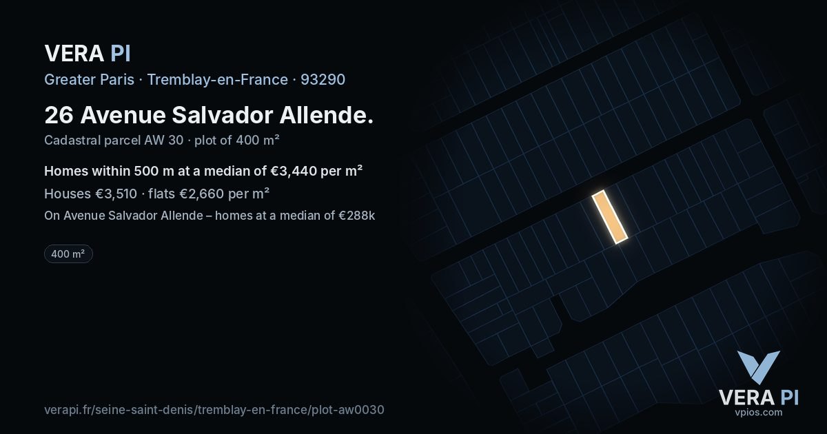 26 Avenue Salvador Allende, Tremblay-en-France at night – the plot lit, the parcels around coloured by the prices near them