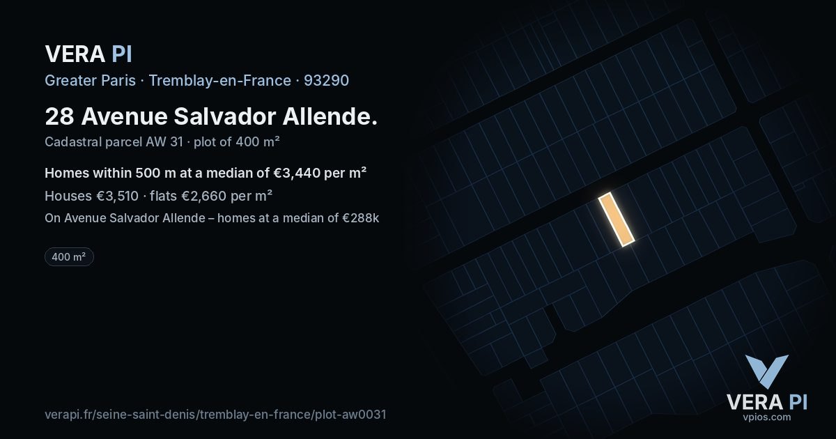 28 Avenue Salvador Allende, Tremblay-en-France at night – the plot lit, the parcels around coloured by the prices near them