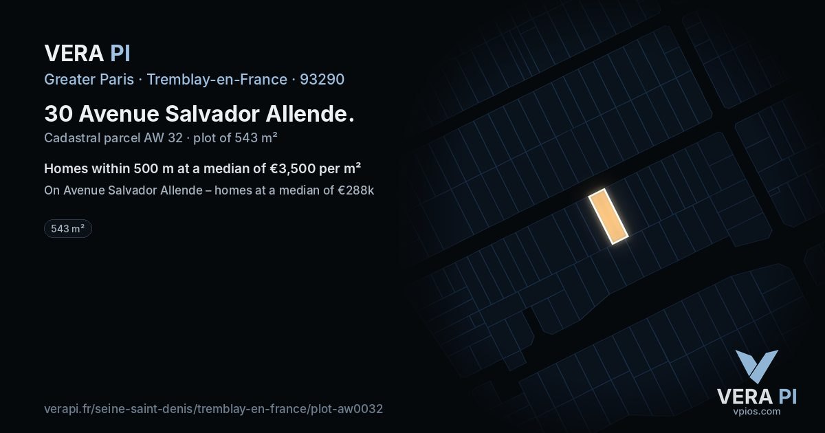 30 Avenue Salvador Allende, Tremblay-en-France at night – the plot lit, the parcels around coloured by the prices near them