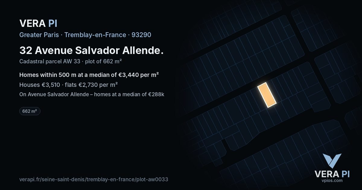 32 Avenue Salvador Allende, Tremblay-en-France at night – the plot lit, the parcels around coloured by the prices near them