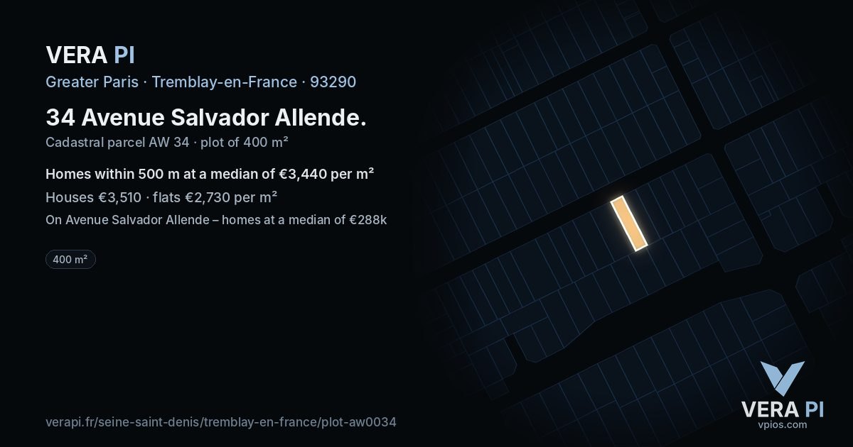 34 Avenue Salvador Allende, Tremblay-en-France at night – the plot lit, the parcels around coloured by the prices near them
