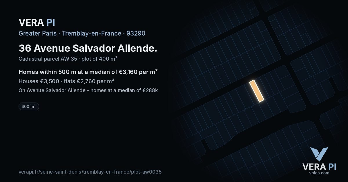36 Avenue Salvador Allende, Tremblay-en-France at night – the plot lit, the parcels around coloured by the prices near them