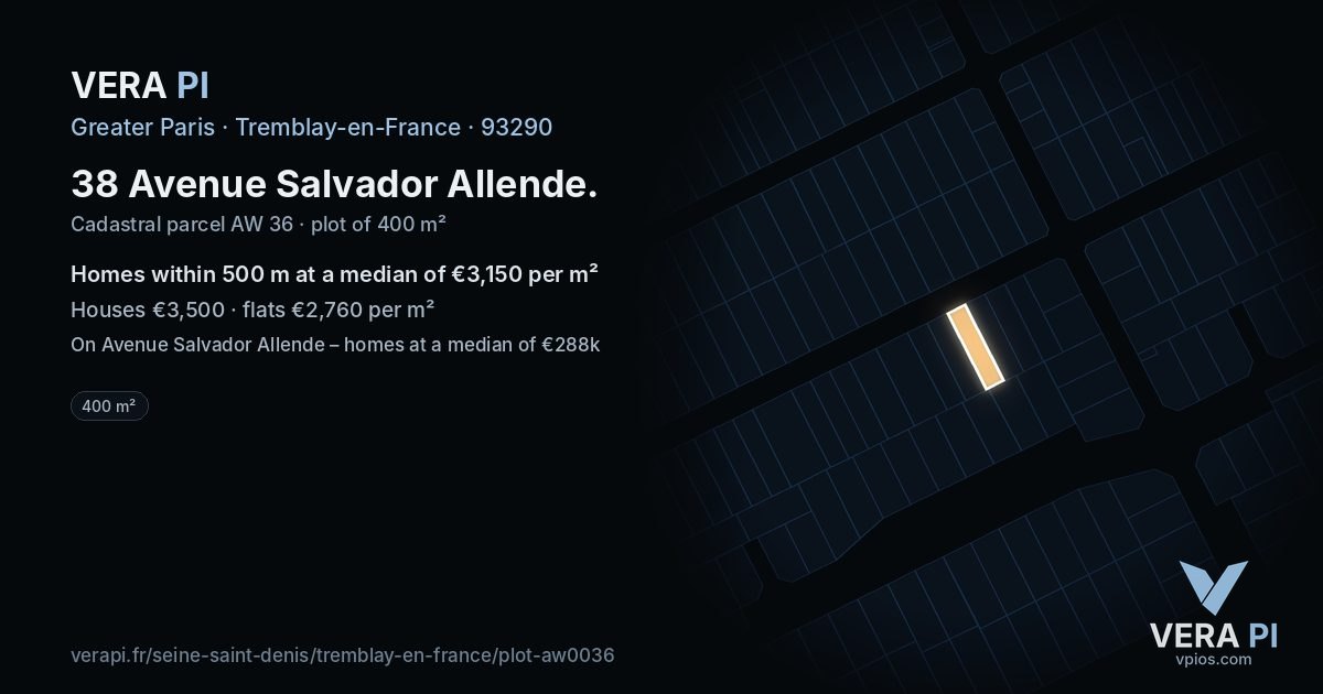 38 Avenue Salvador Allende, Tremblay-en-France at night – the plot lit, the parcels around coloured by the prices near them