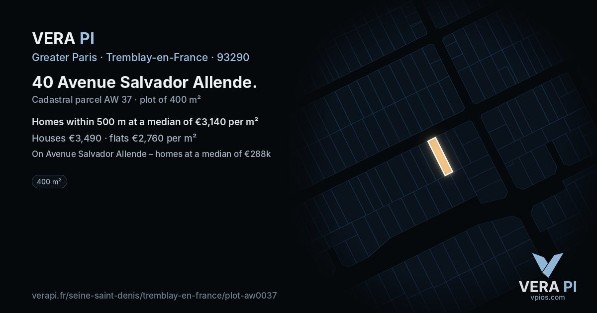 40 Avenue Salvador Allende, Tremblay-en-France at night – the plot lit, the parcels around coloured by the prices near them