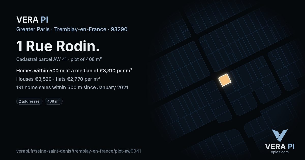 1 Rue Rodin, Tremblay-en-France at night – the plot lit, the parcels around coloured by the prices near them