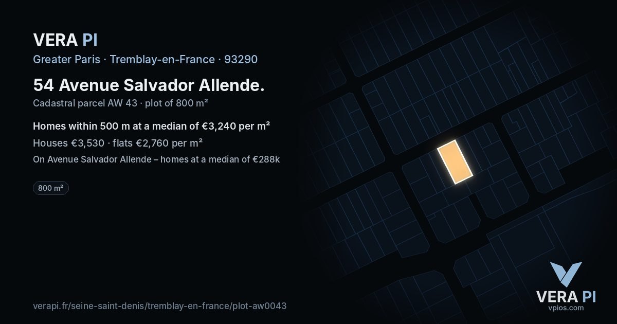 54 Avenue Salvador Allende, Tremblay-en-France at night – the plot lit, the parcels around coloured by the prices near them