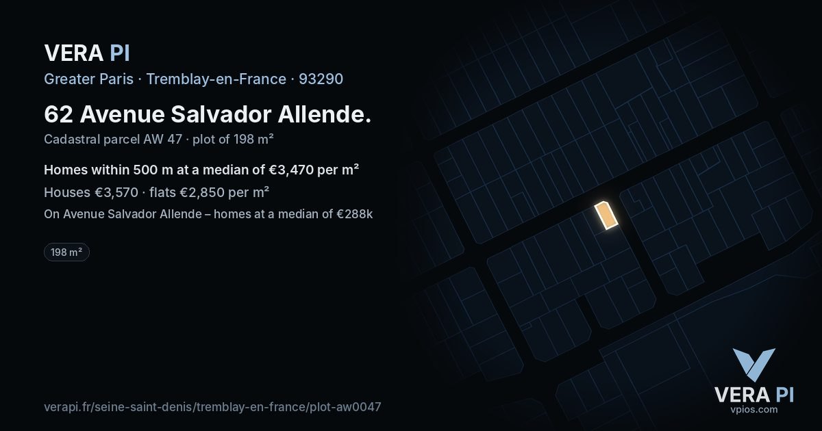 62 Avenue Salvador Allende, Tremblay-en-France at night – the plot lit, the parcels around coloured by the prices near them
