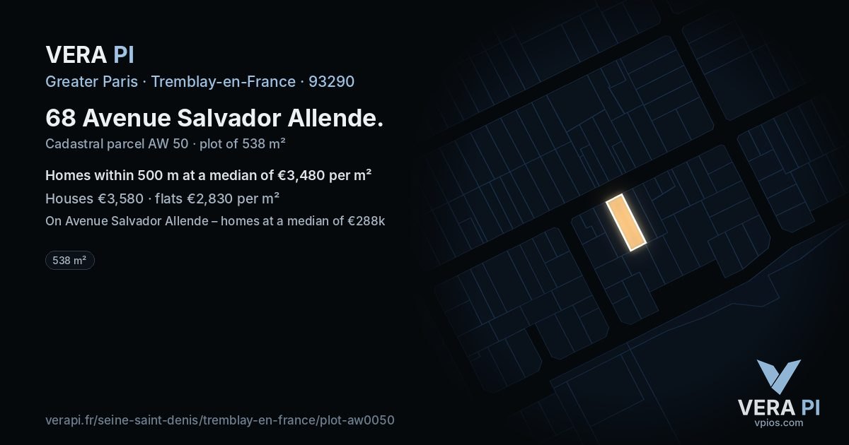 68 Avenue Salvador Allende, Tremblay-en-France at night – the plot lit, the parcels around coloured by the prices near them