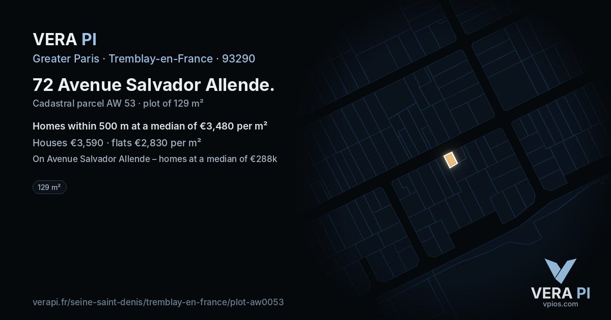 72 Avenue Salvador Allende, Tremblay-en-France at night – the plot lit, the parcels around coloured by the prices near them