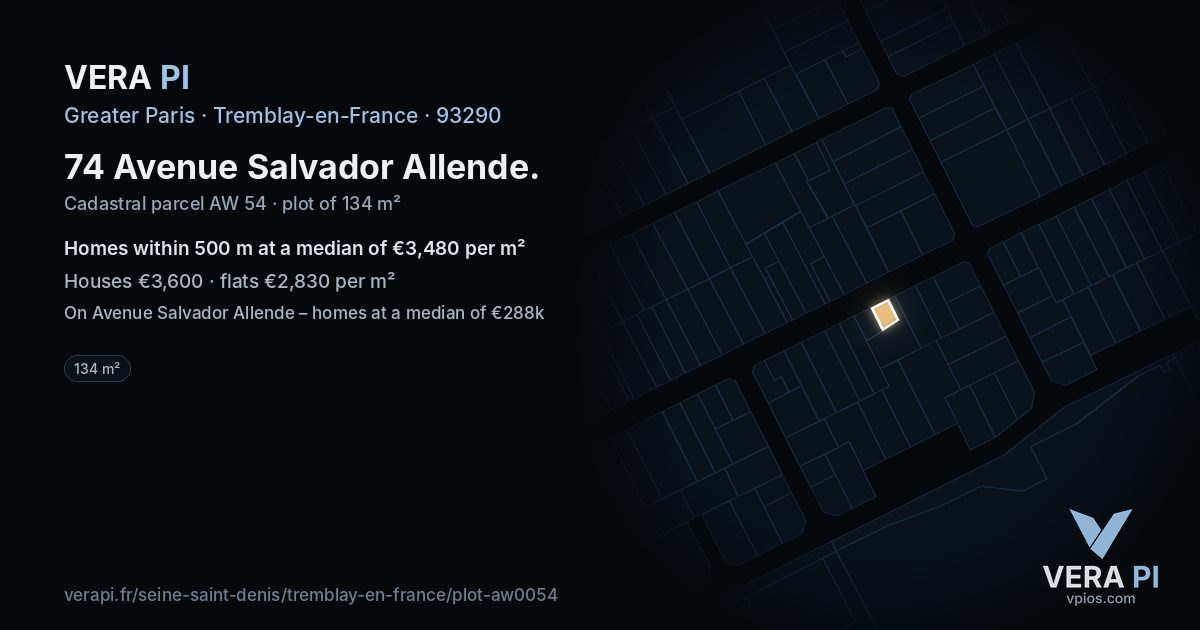 74 Avenue Salvador Allende, Tremblay-en-France at night – the plot lit, the parcels around coloured by the prices near them