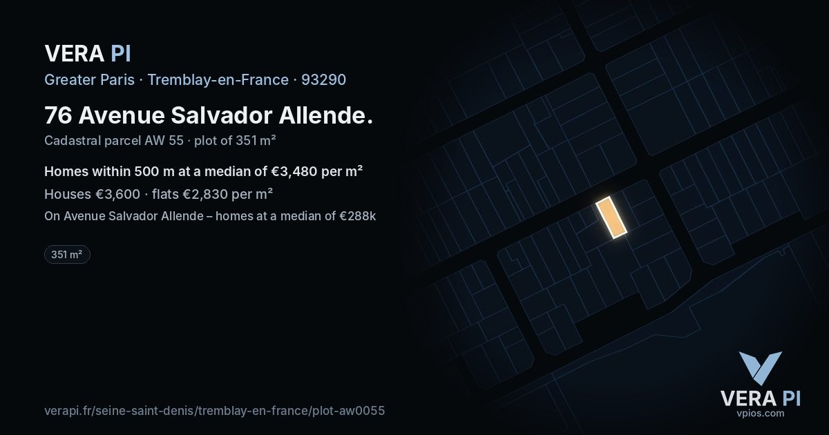 76 Avenue Salvador Allende, Tremblay-en-France at night – the plot lit, the parcels around coloured by the prices near them