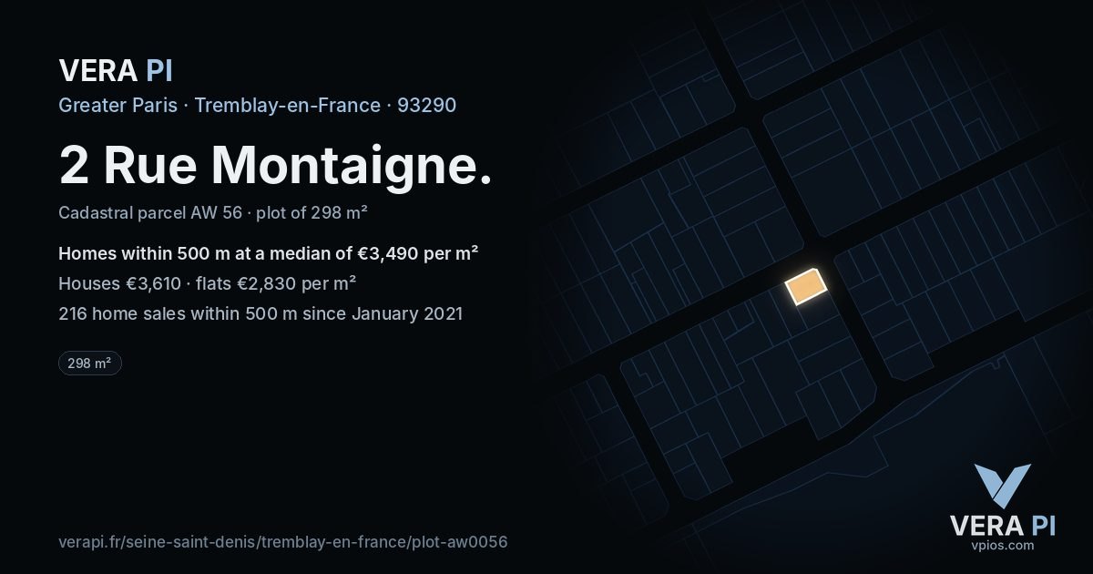 2 Rue Montaigne, Tremblay-en-France at night – the plot lit, the parcels around coloured by the prices near them